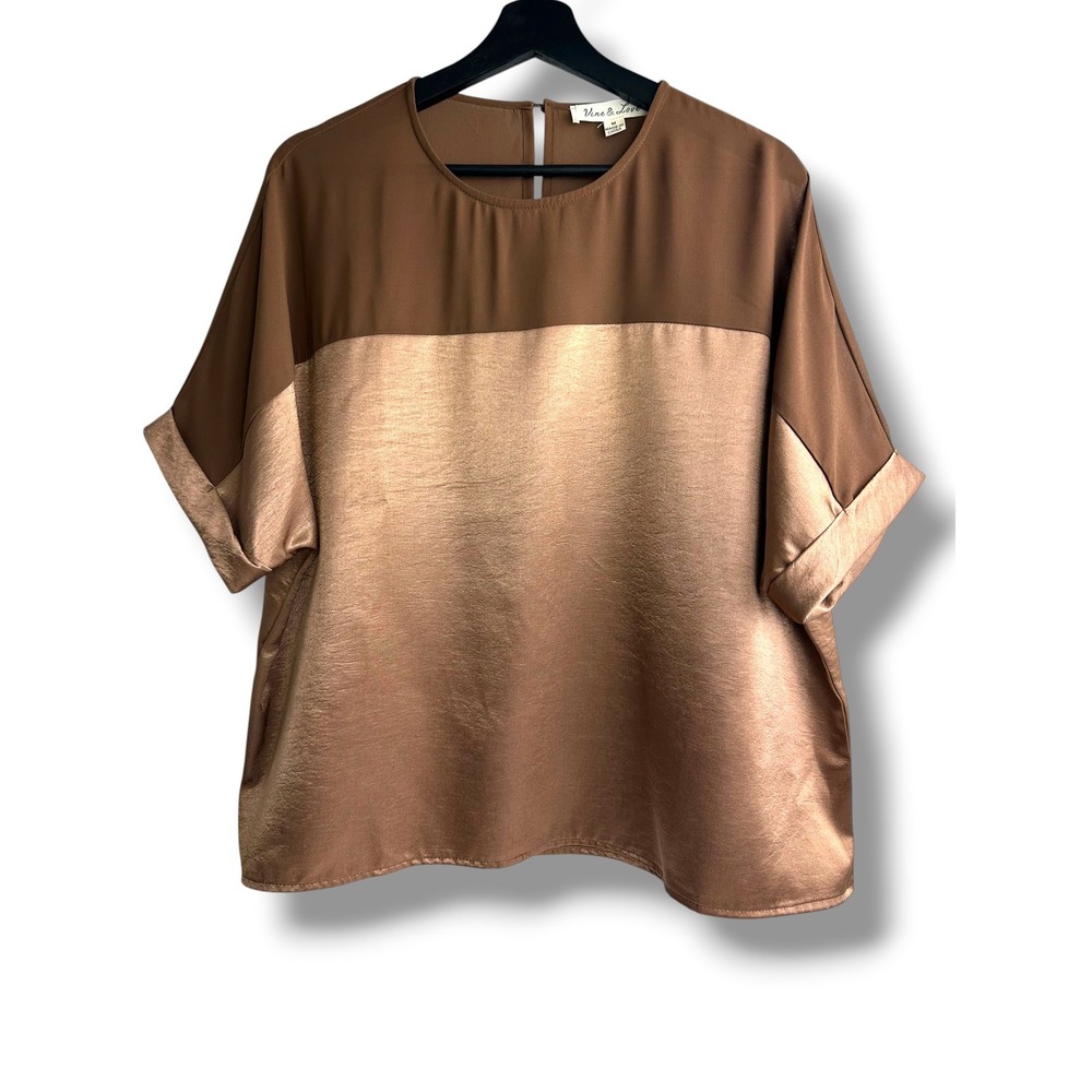 Vine &‎ Love Women Brown Rose Gold Metallic Colorblock Blouse Medium